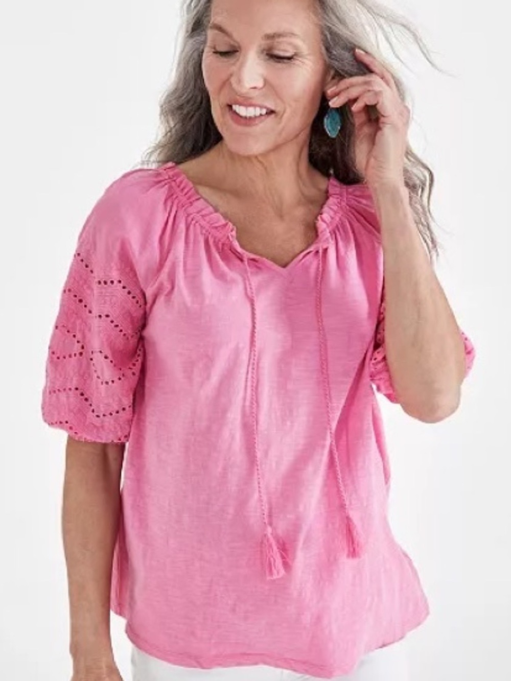 Style & Co Womens Pink Blouse Embroidered Eyelet Puff Sleeve Peasant Top Size M